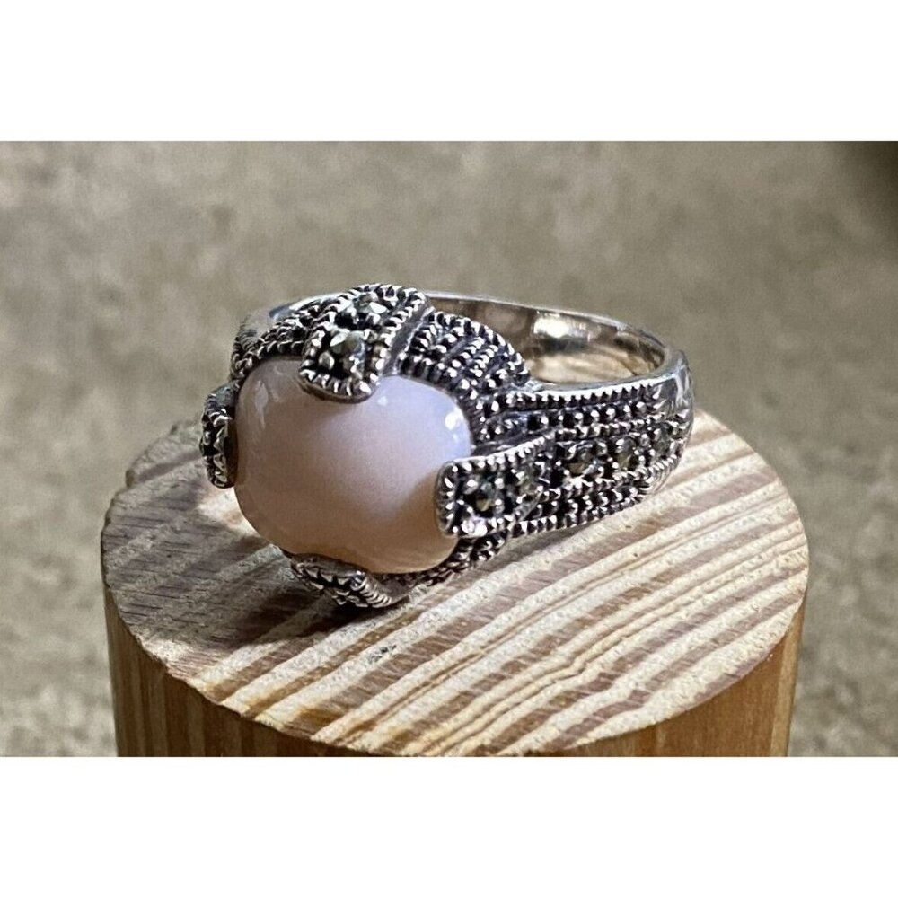 Vintage Sterling Silver Ring Marcasite & Rhodochrosite Gem .925 Size 7.75 7.1 Gr - Picture 5 of 8